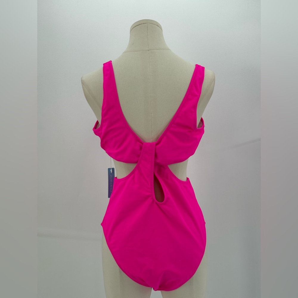Live Life On The Beach Hot Pink Cut-Out One Piece Plunge Knot Front Swimwear - Picture 7 of 11